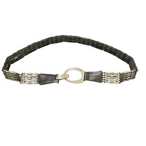 Chico's Belt With Modern Design Silver Tone Black Leather Elastic Bands Large